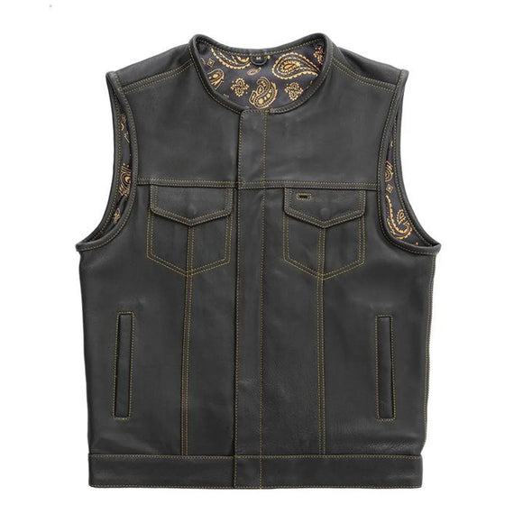 Hunt Club Men's Custom Club Style Collarless Motorcycle Concealed Carry Leather Vest