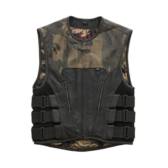 Men's Hunt Club Leather Tactical Swat Style Camo Liner Motorcycle Vest Concealed Carry