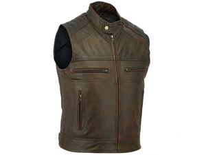 Mens Club Style Distressed Brown Motorcycle Biker Style Leather Vest Concealed Carry