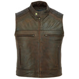 Mens Club Style Distressed Brown Motorcycle Biker Style Leather Vest Concealed Carry