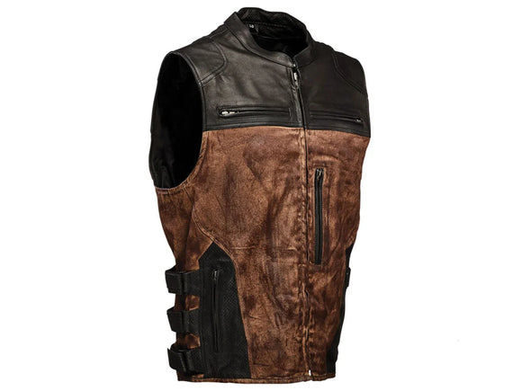 Mens Distressed SWAT Motorcycle Biker Style Leather Vest Tactical Style Concealed Carry