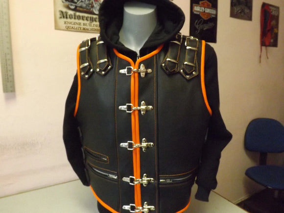 Patch Vest Heavy Buckle Genuine Black Leather Vest With Orange Leather Finish And Hoodie
