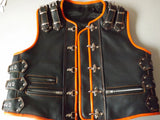 Patch Vest Heavy Buckle Genuine Black Leather Vest With Orange Leather Finish And Hoodie