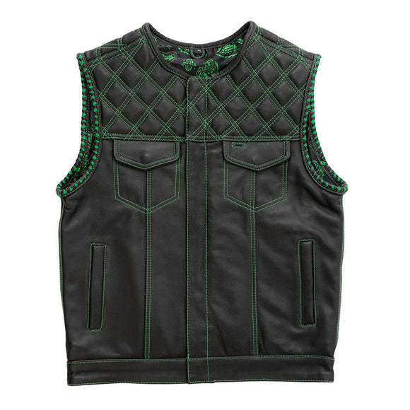 Mens Hunt Club Diamond Stitched Green Paisley Leather Build Denim Motorcycle Concealed Carry Vest