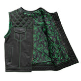 Mens Hunt Club Diamond Stitched Green Paisley Leather Build Denim Motorcycle Concealed Carry Vest