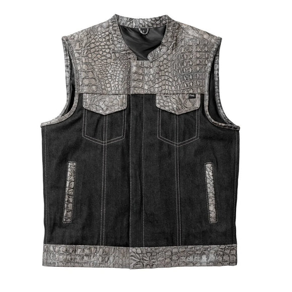 Hunt Club Mens Gator Leather & Denim White Stitched Motorcycle Concealed Carry Vest