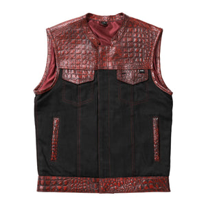 Hunt Club Style Men's Club Paisley Motorcycle Concealed Carry Crocodile Leather And Denim Vest