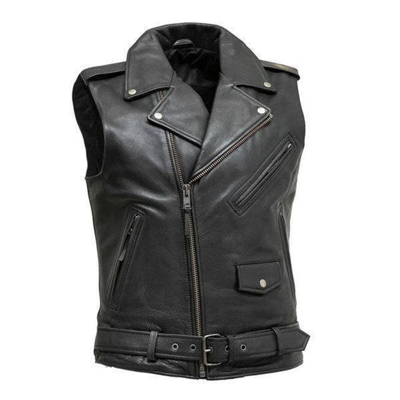 Men's Classic Sleeveless Biker Style Classic Vest Belted Motorcycle Black Leather Vest