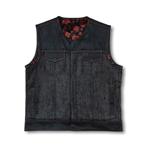 Hunt Club Style Men's Paisley Diamond Stitched Motorcycle Concealed Carry White Leather And Denim Vest