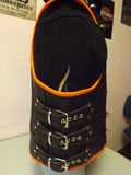 Patch Vest Heavy Buckle Genuine Black Leather Vest With Orange Leather Finish And Hoodie
