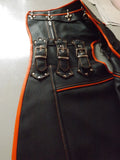 Patch Vest Heavy Buckle Genuine Black Leather Vest With Orange Leather Finish And Hoodie