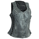 Ladies Distressed Gray Braided Side Laces Motorcycle Leather Concealed Carry Vest