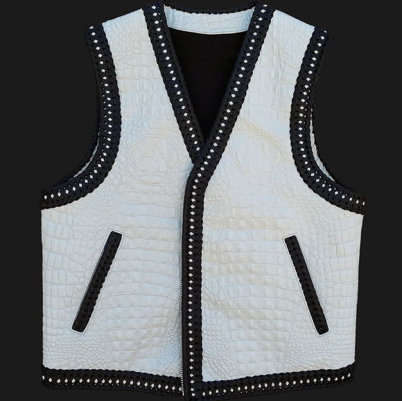 White Gator Embossed Leather Vest Men's Motorcycle Concealed Carry Leather Vest