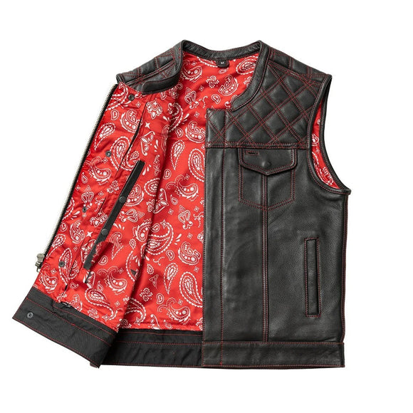 Hunt Club Men's Quilted Diamond Stitched Club Style Red Paisley Motorcycle Concealed Carry Leather Vest