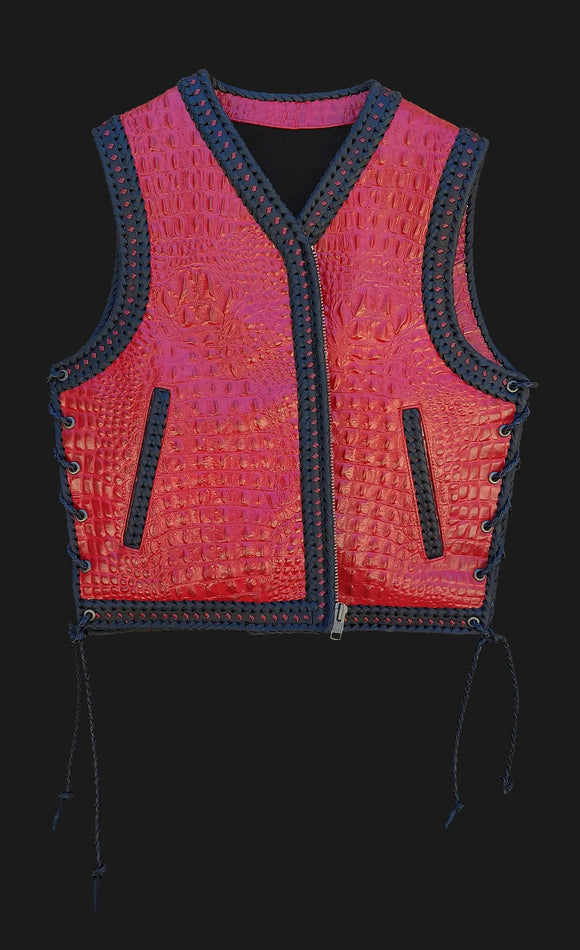 Red Gator Embossed Leather Vest Men's Motorcycle Concealed Carry Leather Vest