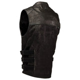 Mens Distressed Chocolate Tactical SWAT Style Motorcycle Biker Style Leather Vest Concealed Carry