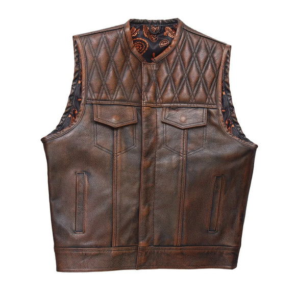 Hunt Club Men's Diamond Stitched Club Style Distressed Paisley Motorcycle Concealed Carry Leather Vest
