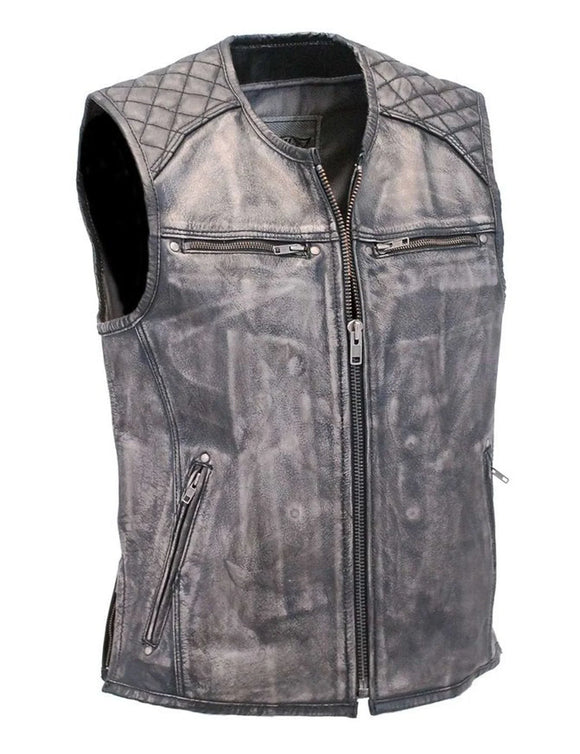 Mens Vintage Distressed Gray Cafe Racer Leather Motorcycle Biker SOA Style Vest Concealed Carry
