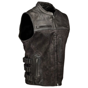 Mens Distressed Chocolate Tactical SWAT Style Motorcycle Biker Style Leather Vest Concealed Carry