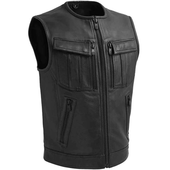 Men Cafe Racer Club Style Motorcycle Low Collared Concealed Carry Leather Vest