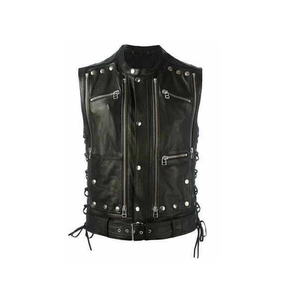 Men's Classic Sleeveless Zippered Biker Style Classic Vest Belted Motorcycle Leather Vest