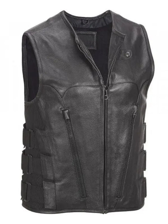 Men's Leather Tactical Swat Style Commando Motorcycle Leather Vest Concealed Carry