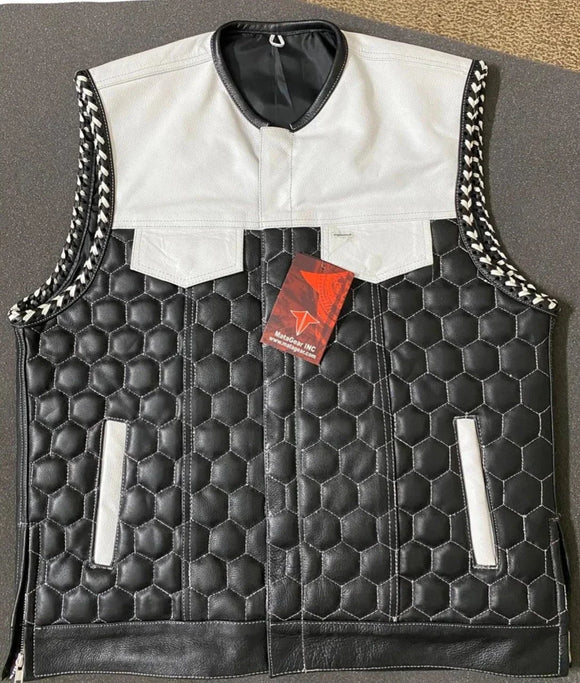 Hunt Club Honey Comb Men's White Braided Motorcycle Concealed Carry Leather Vest