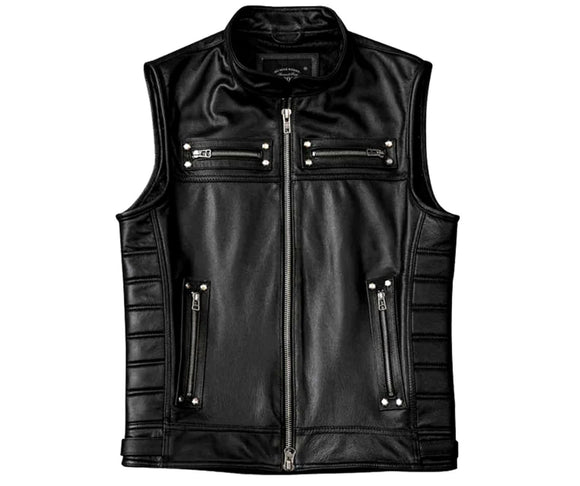 Men Club Style Motorcycle Low Collared Concealed Carry Leather Vest