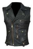 Men's Classic Sleeveless Biker Style Classic Vest Belted Motorcycle Black Leather Vest