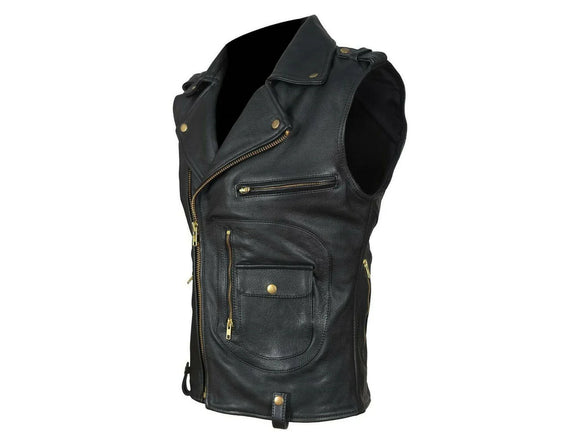 Men's Classic Sleeveless Biker Style Classic Vest Belted Motorcycle Black Leather Vest