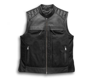 Men Club Style Leather And Denim Combo Motorcycle Low Collared Concealed Carry Leather Vest