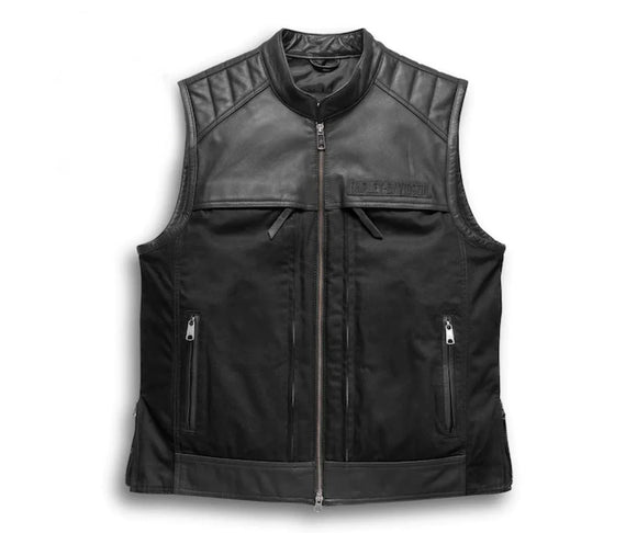 Men Club Style Leather And Denim Combo Motorcycle Low Collared Concealed Carry Leather Vest