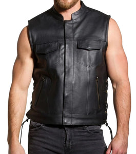 Hunt Club Men Side Laces Motorcycle Collared Club Style Concealed Carry Leather Vest