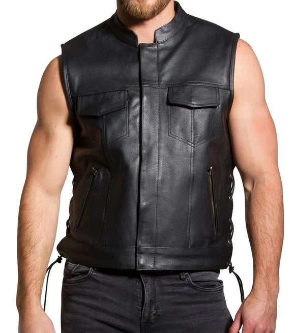 Hunt Club Men Side Laces Motorcycle Collared Club Style Concealed Carry Leather Vest