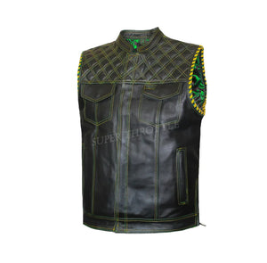 Mens Hunt Club Diamond Stitched Green Paisley Braided Leather Motorcycle Concealed Carry Vest