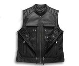 Men Club Style Leather And Denim Combo Motorcycle Low Collared Concealed Carry Leather Vest