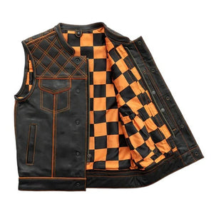 Hunt Club Style Diamond Stitched Braided Orange Checker Men's Club Motorcycle Concealed Carry Leather Vest