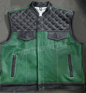 Hunt Club Style Diamond Stitched Green Men's Club Motorcycle Concealed Carry Leather Vest