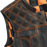 Hunt Club Style Diamond Stitched Braided Orange Checker Men's Club Motorcycle Concealed Carry Leather Vest