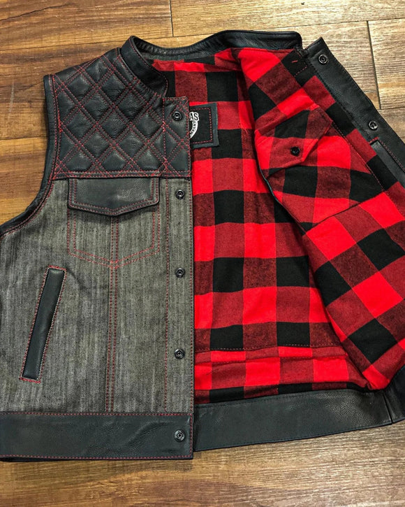 Hunt Club Diamond Stitched Men's Motorcycle Leather And Denim Biker Style Red Flannel Vest Concealed Carry Pockets