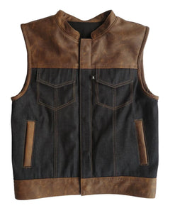 Hunt Club Style Men's Motorcycle Concealed Carry Brown Leather And Denim Vest