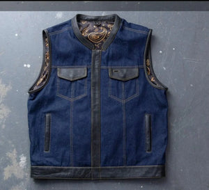 Hunt Club Style Paisley Men's Motorcycle Concealed Carry Blue Leather And Denim Vest