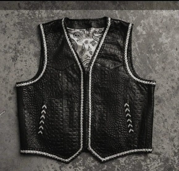 Hunt Club Croc Leather Paisley Men's Motorcycle Concealed Carry Leather Vest
