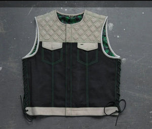 Hunt Club Style Side Laced Green Paisley Men's Motorcycle Concealed Carry Leather Vest