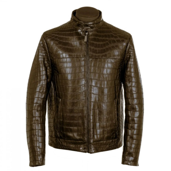 Hunt Club Men's Real Crocodile Embossed Brown Leather Biker Jacket Concealed Carry
