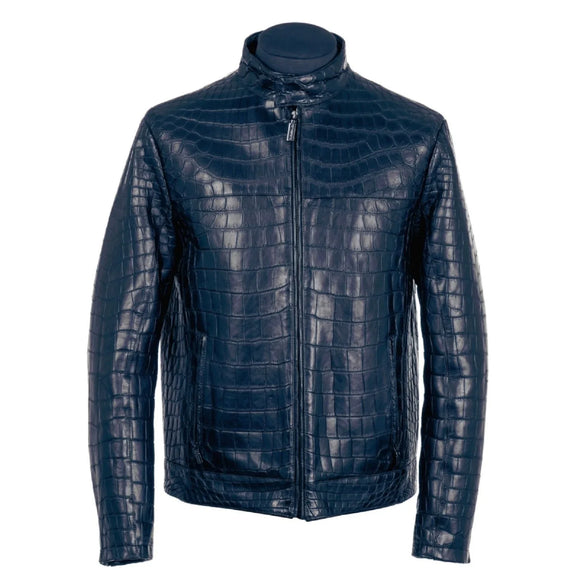 Hunt Club Men's Real Crocodile Embossed Blue Leather Biker Jacket Concealed Carry