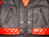Men's Heavy Buckle Motorcycle Concealed Carry Black, Red, and White Leather Biker Vest