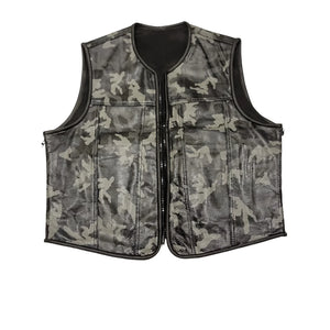 Hunt Club Style Gray Camo Perforated Leather Men's Motorcycle Concealed Carry Leather Vest