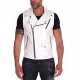 Men's Classic Sleeveless Biker Style White Leather Vest Motorcycle Concealed Carry