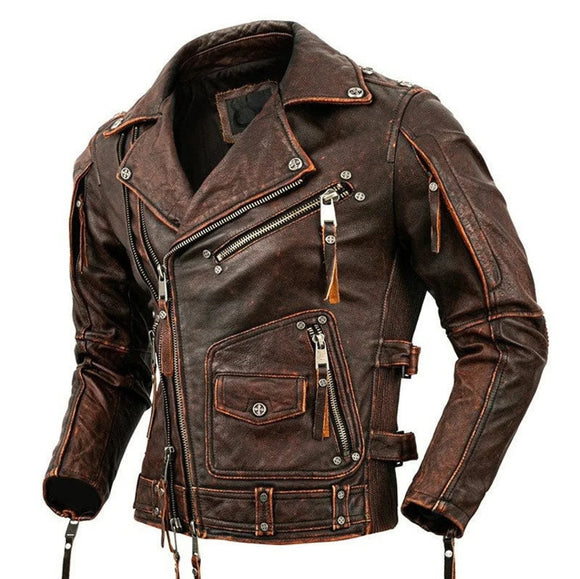Men Zippered Vintage Style Distressed Cafe Racer Motorcycle Biker Style Concealed Carry Leather Jacket